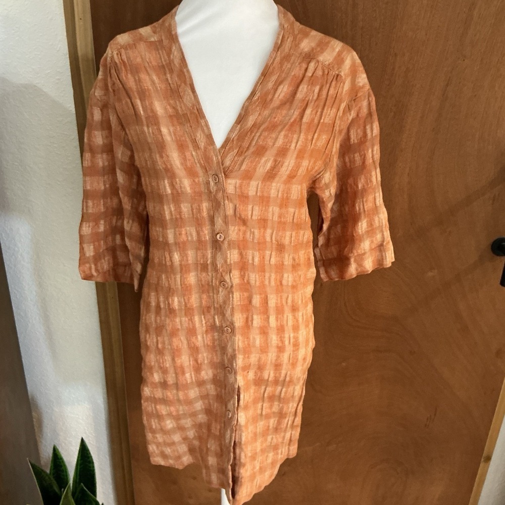 Poetry Linen Blend Plaid Short Sleeve Plaid Pockets Button Down Shirt Dress US 8